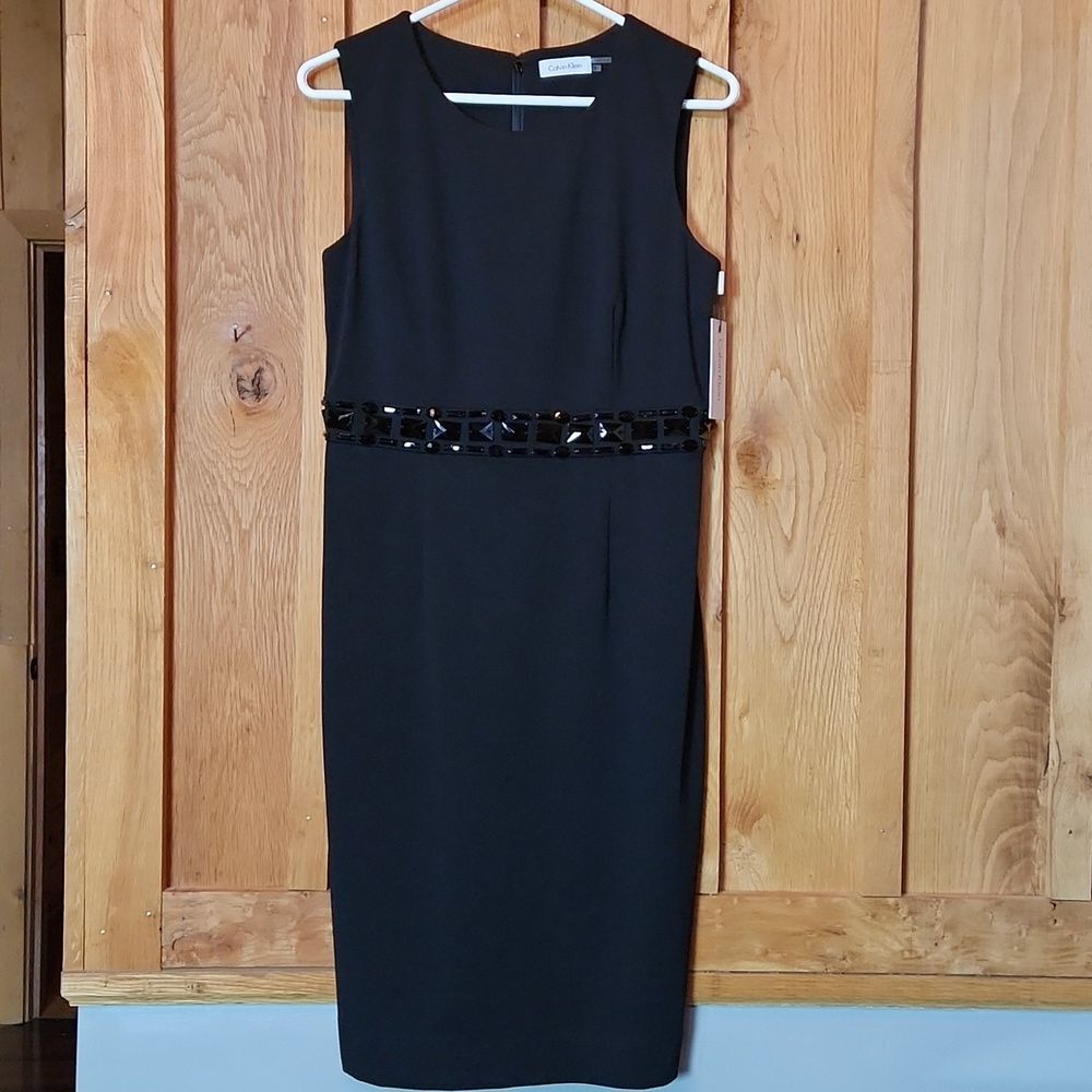 Calvin Klein Beaded Sheath Cocktail Party Sleeveless Midi Dress, Size 6, Black